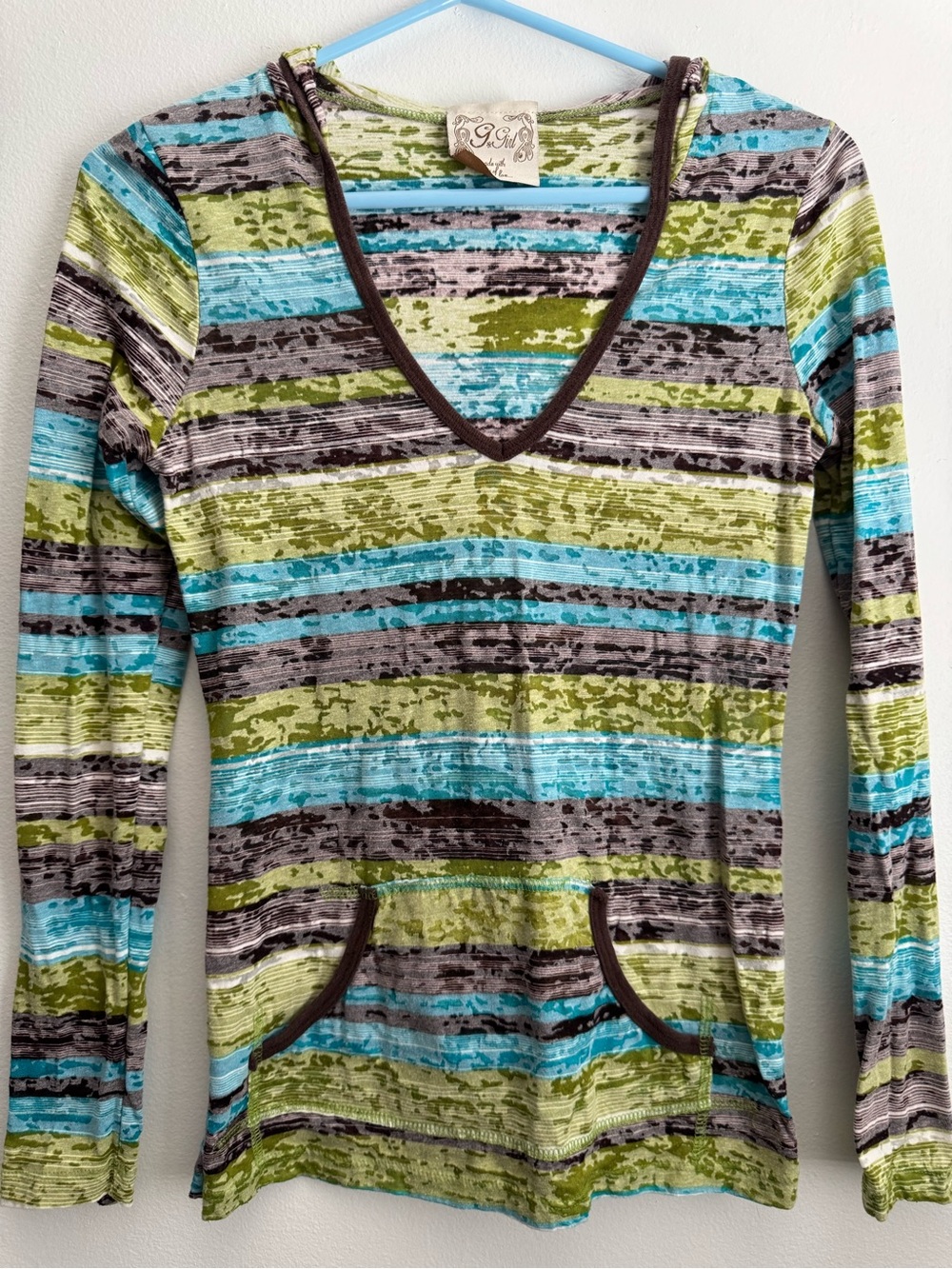 Striped Hooded Long-Sleeve Top in Blue, Green, Brown